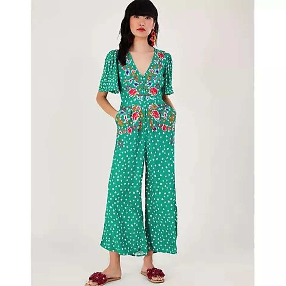 MONSOON RORI PRINT EMB JUMPSUIT- GREEN SIZE MEDIUM