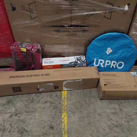 PALLET OF ASSORTED ITEMS INCLUDING: BALANCE SCOOTER, CHILDREN'S BIKE SEAT, 2 PERSON HUNTING BLIND, BACKPACK, POP-UP TENT 