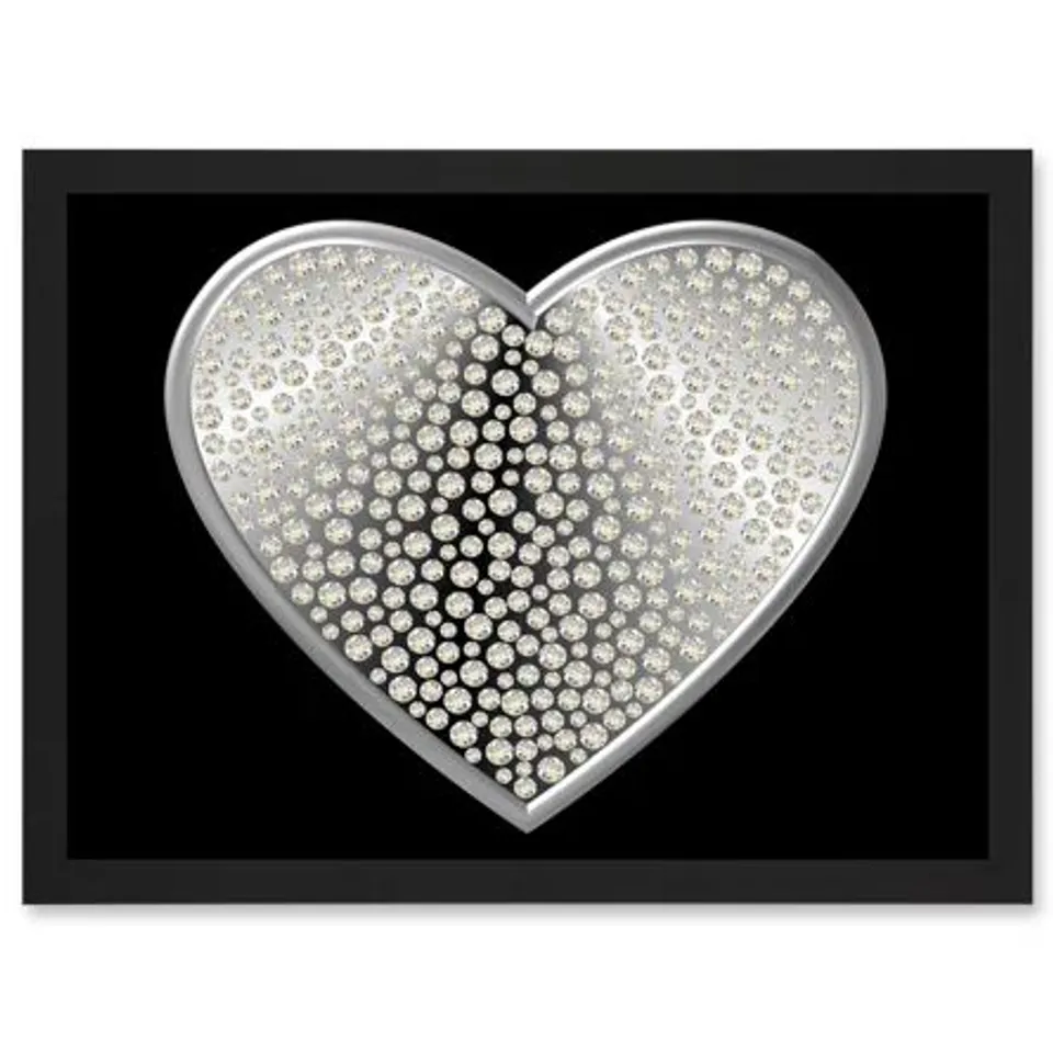 BOXED DIAMOND HEART SILVER BLING A4 ARTWORK FRAMED