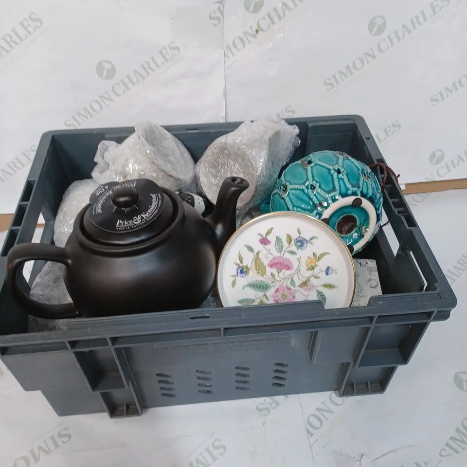 BOX TO CONTAIN AN ASSORTMENT OF CERAMICS, INCLUDES A TEA POT, CUPS, VASES ETC - COLLECTION ONLY
