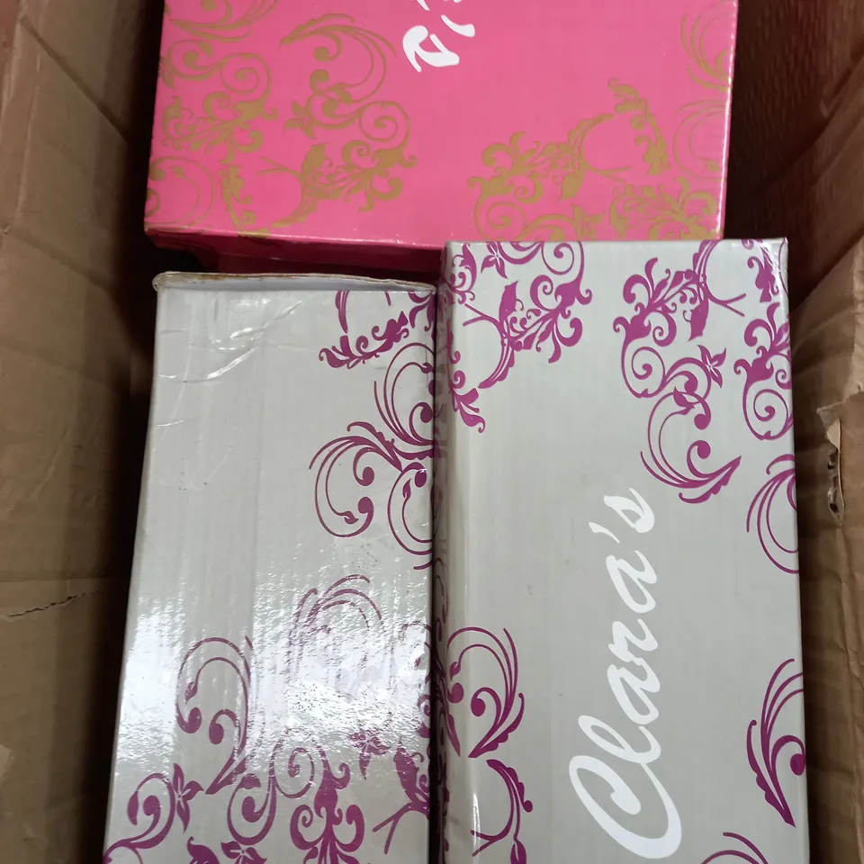 BOX OF APPROXIMATELY 10 ASSORTED PAIRS OF SHOES TO INCLUDE GOLD HEELS, LOW WHITE SANDALS, OPEN TOE STRAP SANDALS ETC