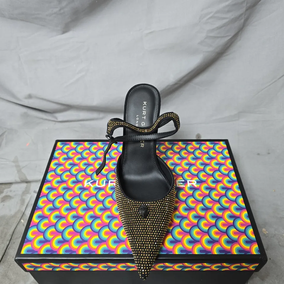 KURT GEIGER LONDON BLACK RHINESTONE POINTED-TOE STILETTO SANDAL WITH ANKLE STRAP – WOMEN'S FOOTWEAR SIZE 38