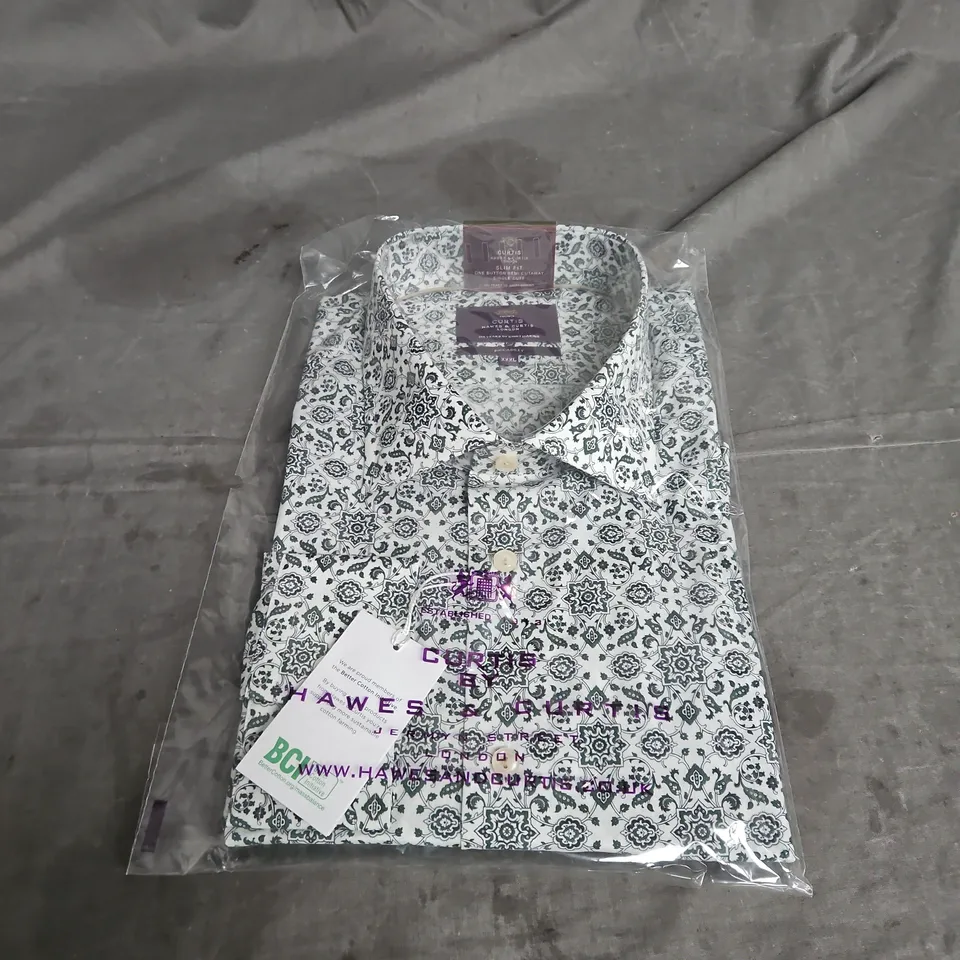 HAWES & CURTIS PICCADILLY SLIM FIT ONE BUTTON SEMI CUTAWAY COLLAR SINGLE CUFF SHIRT IN WHITE & GREEN SIZE XXXL