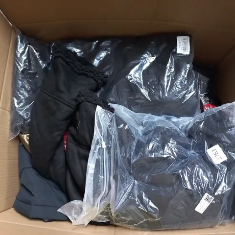 LARGE BOX OF APPROXIMATELY 20 ASSORTED CLOTHING ITEMS IN VARIOUS SIZES, STYLES AND COLOURS