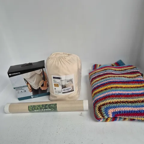 BOX OF APPROXIMATELY 10 ASSORTED ITEMS INCLUDING WALLPAPER, GAVENO CAVAILIA SOFT TOUCH SHEET SET AND CORENGTH CROSSTRAINING RINGS