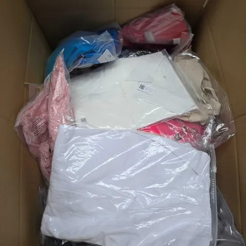 LARGE BOX OF APPROXIMATELY 20 ASSORTED CLOTHING ITEMS IN VARIOUS SIZES, STYLES AND COLOUR