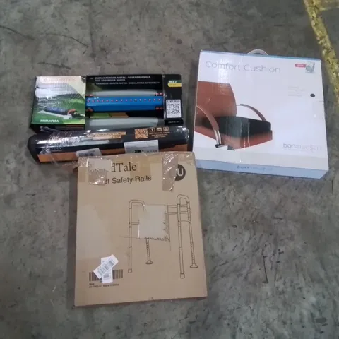 PALLET OF ASSORTED HOUSEHOLD GOODS AND PRODUCTS TO INCLUDE; TOILET SAFETY RAIL, TORQUE WRENCH, SEAT CUSHION, BOXED FURNITURE ETC