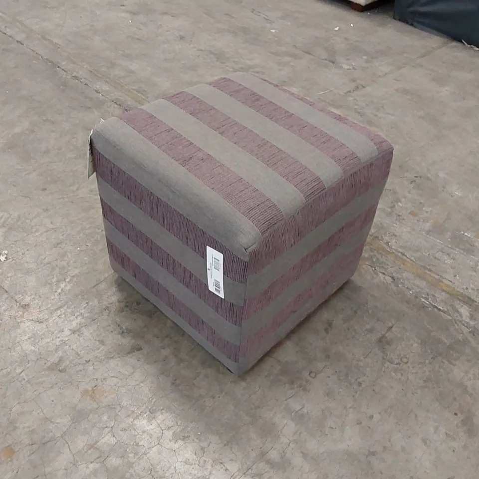DESIGNER FABRIC UPHOLSTERED SILVER AND PURPLE LINED CUBE FOOTSTOOL