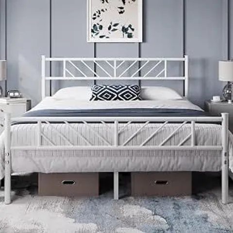 BOXED YAHEETECH MODERN KING METAL BED FRAME WITH HEADBOARD SLATTED FRAME- WHITE (1 BOX)