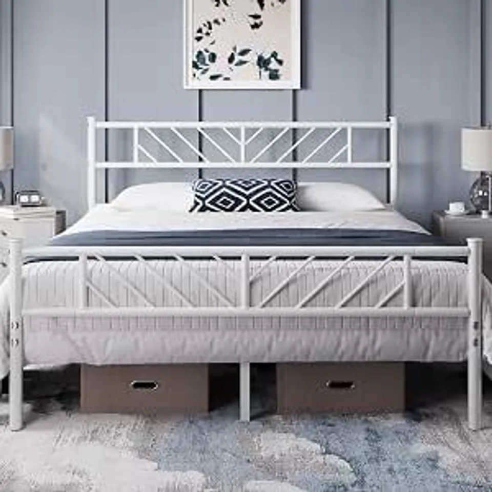 BOXED YAHEETECH MODERN KING METAL BED FRAME WITH HEADBOARD SLATTED FRAME- WHITE (1 BOX)