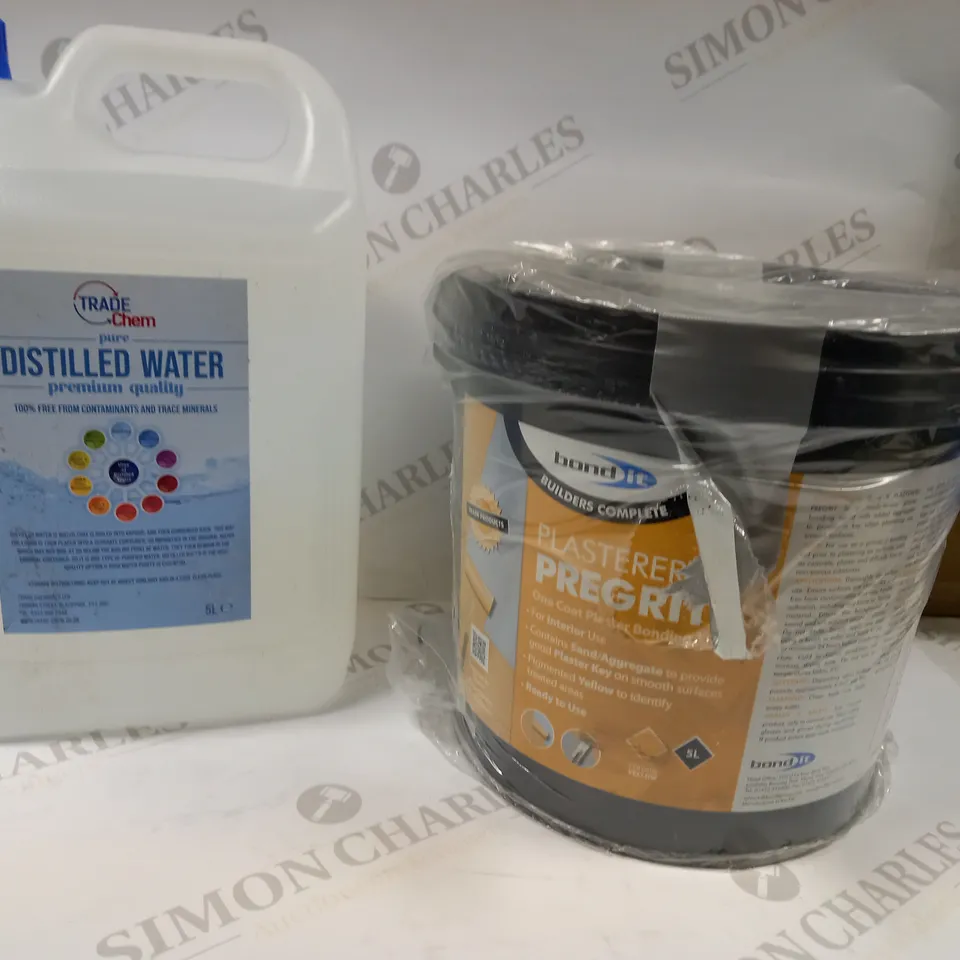 BOX OF 2 ITEMS TO INCLUDE TRADE CHEM PURE DISTILLED WATER (5L) AND BOND IT PLASTERER PREGRIT (5L) - COLLECTION ONLY