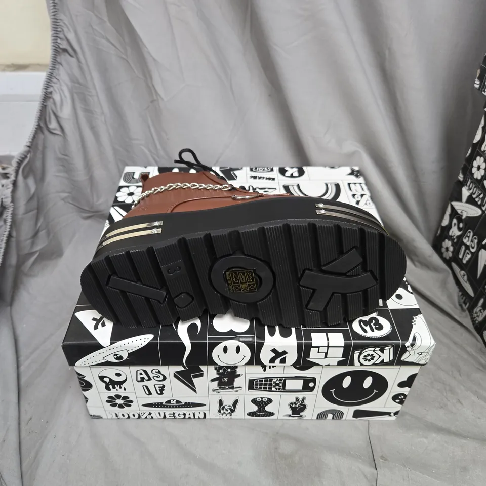 BOXED PAIR OF KOI THE SILENCE PLATFORM GRUNGE BOOTS IN BROWN - UK 3