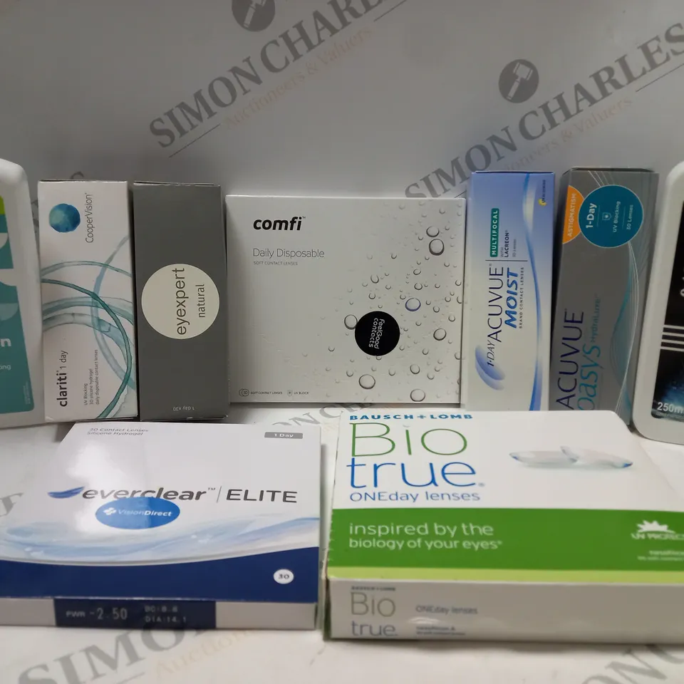 BOX OF APPROX 25 ASSORTED CONTACT LENSES AND CONTACT LENSE SOLUTIONS