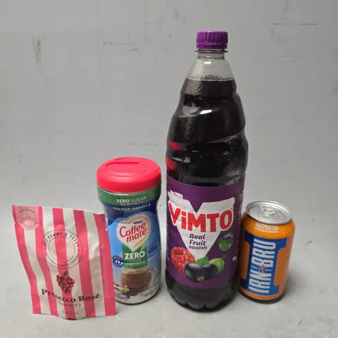 APPROXIMATELY 7 ASSORTED FOOD & DRINK ITEMS TO INCLUDE - VIMTO , IRN BRU , CAFFEE MATE ETC