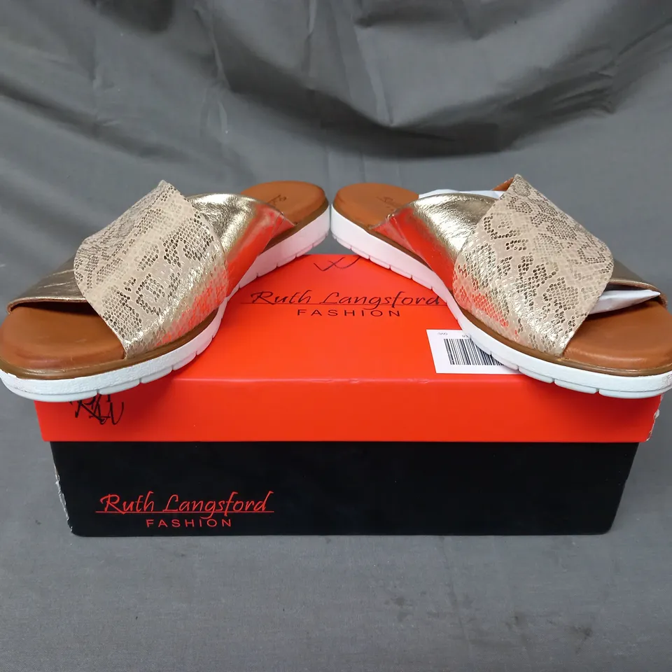 BOXED PAIR OF RUTH LANGSFORD FLAT SANDALS IN METALLIC CHAMPAGNE GOLD SIZE 8