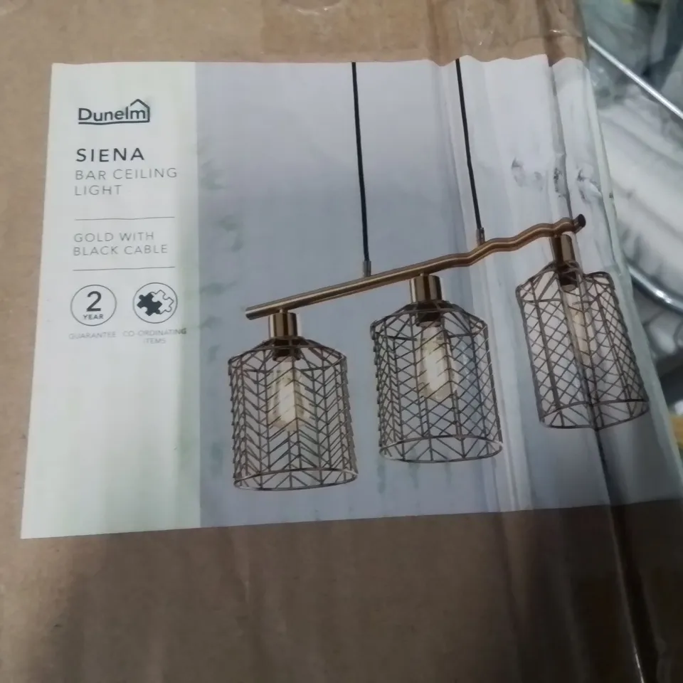 BOXED SIENA BAR CEILING LIGHT GOLD WITH BLACK CABLES 