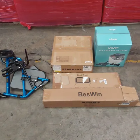 PALLET OF ASSORTED ITEMS INCLUDING: MOBILITY TROLLEY, ICE THERAPY MACHINE, SPARKSOR CEILING LIGHT ECT
