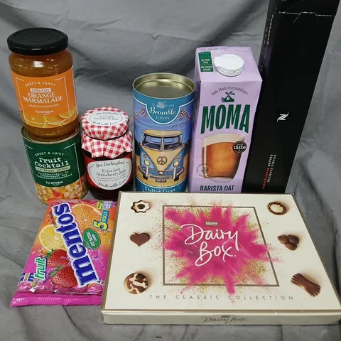 APPROXIMATELY 10 ASSORTED FOOD ITEMS TO INCLUDE DAIRY BOX, TINNED FRUIT COCKTAIL AND SWEETS