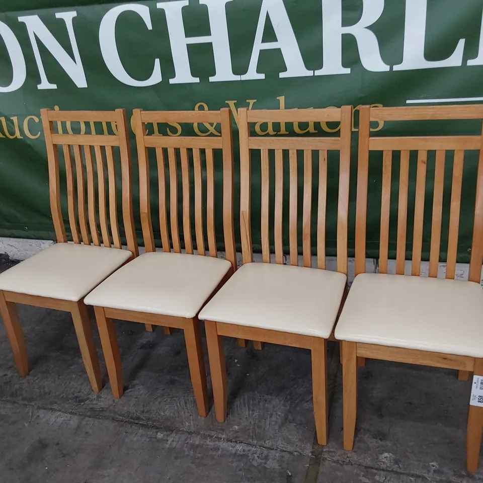 SET OF FOUR NATURAL WOOD SLAT BACK DINING CHAIRS WITH UPHOLSTERED SEATS CREAM PU 