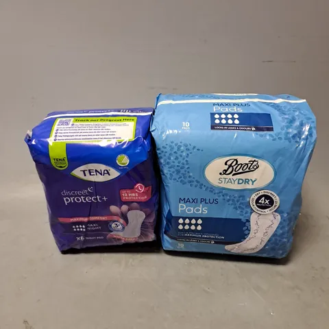 BOX OF APPROXIMATELY 8 ASSORTED SANITARY PRODUCTS TO INCLUDE - BOOTS STAY DRY MAXI PLUS PADS - TENA MAXI NIGHT PADS