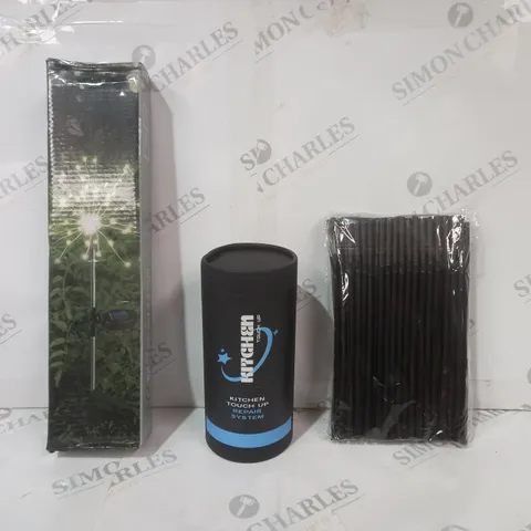 BOX OF APPROXIMATELY 15 ASSORTED HOUSEHOLD ITEMS TO INCLUDE STAKE LIGHTS, KITCHEN TOUCH-UP REPAIR SYSTEM, PACK OF PLASTIC STRAWS, ETC