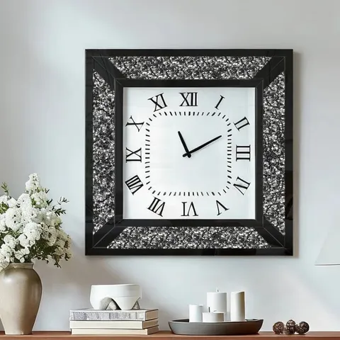 BOXED AZER GLASS WALL CLOCK DIAMOND  SQUARE ACCENT CLOCK