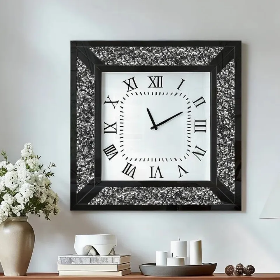 BOXED AZER GLASS WALL CLOCK DIAMOND  SQUARE ACCENT CLOCK
