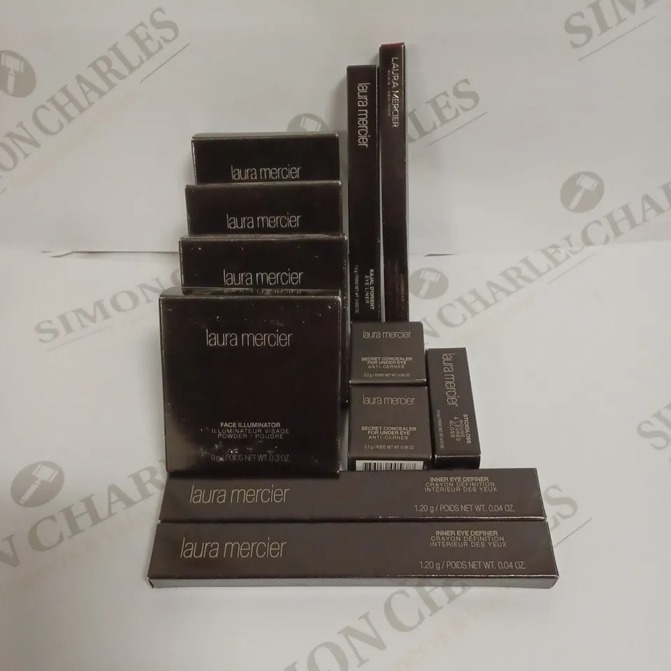 LOT OF 11 ASSORTED LAURA MERCIER BEAUTY PRODUCTS TO INCLUDE FACE ILLUMINATOR POWDER, INNER EYE DEFINER, UNDER EYE CONCEALER, EYE LINER, LIP LINER ETC. 