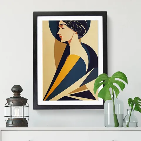 BOXED DECO WOMAN PORTRAIT - SINGLE PICTURE FRAME PRINT - WALNUT FRAME 