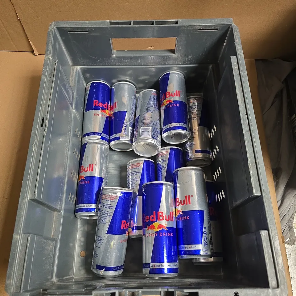 A TOTE OF APROXIMATELY 12 CANS OF REDBULL
