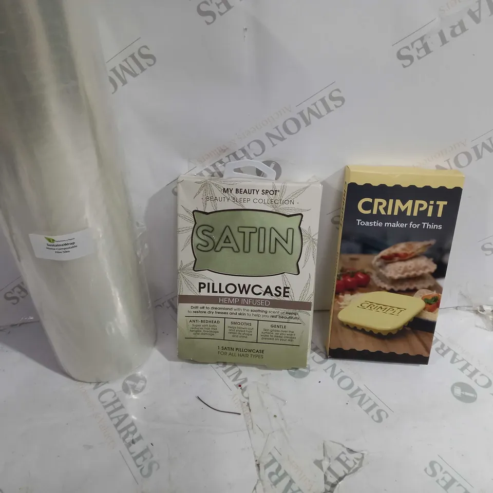 APPROX 10 HOUSEOLD ITEMS TO INCLUDE HOME FILM, SATIN PILLOWCASE, CRIMPIT
