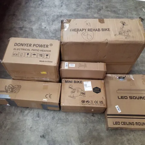 PALLET CONTAINING ASSORTED PRODUCTS INCLUDING THERAPY REHAB BIKE, PATIO HEATER, VINYL RECORD HOLDER, LED CEILING MOUNTED LIGHT, MINI BIKE & HEDGE TRIMMER