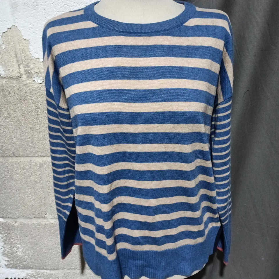 THE WHITE STUFF BLUE & BEIGE STRIPED KNIT JUMPER - SIZE 14