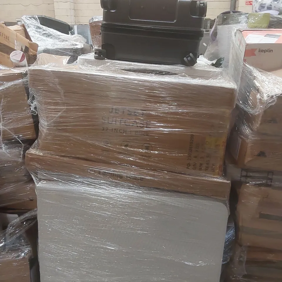 PALLET OF ASSORTED E-COMMERCE GOODS AND PRODUCTS TO INCLUDE: FOLDING TABLES, SUITCASES, BATH MAT ECT