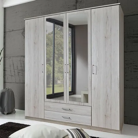 BRAND NEW BOXED OCTAVIA MIRRORED WARDROBE IN WHITE OAK WITH 4 DOORS (4 BOXES)