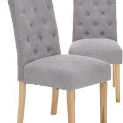 BOXED SET OF 2 FABRIC SCROLL BACK DINING CHAIRS - GREY/OAK EFFECT [COLLECTION ONLY]