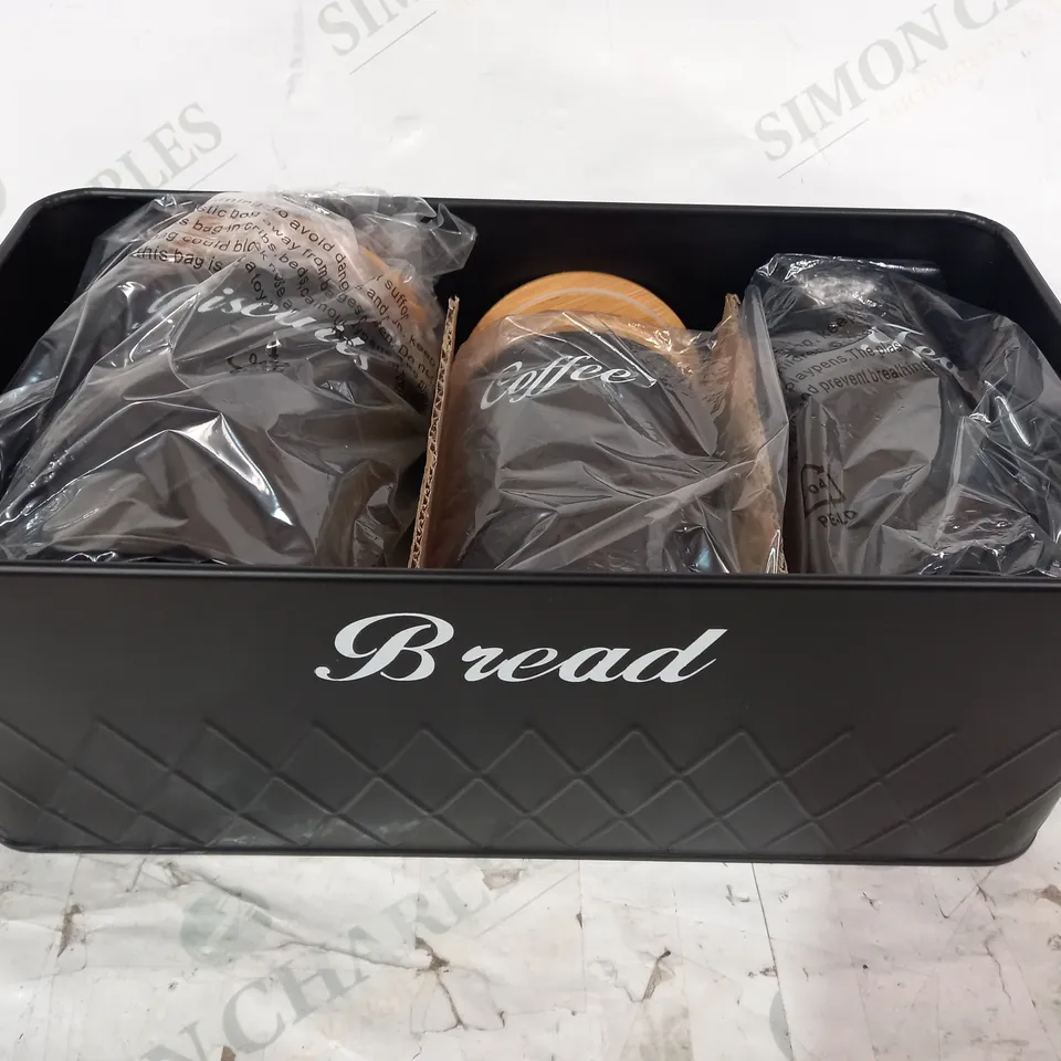 UNBRANDED BREAD BIN, BISCUIT TIN, COFFEE & TEA CONTAINER SET IN BLACK