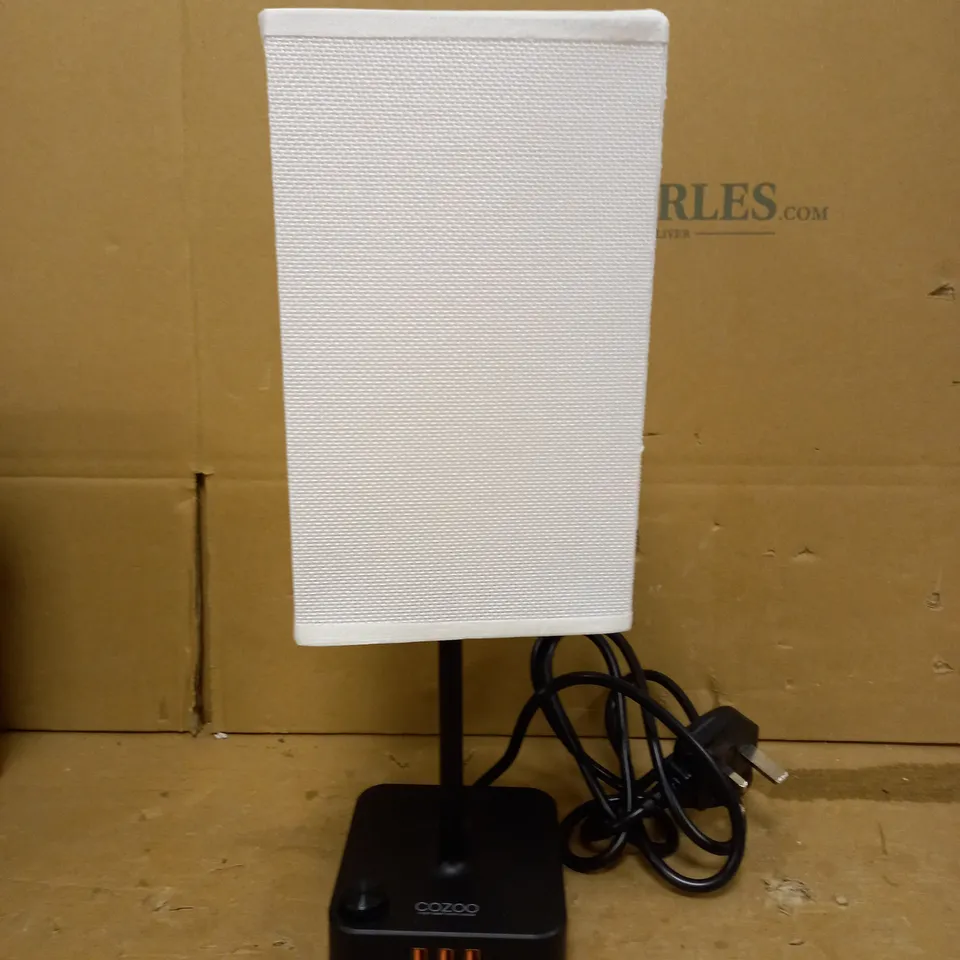 COZOO USB BEDSIDE TABLE DESK LAMP WITH 3 USB CHARGING PORTS,BLACK CHARGER BASE WITH WHITE FABRIC SHADE