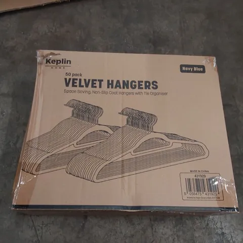 BOX OF APPROXIMATELY 50 KEPLIN BLACK VELVET CLOTHES HANGERS 