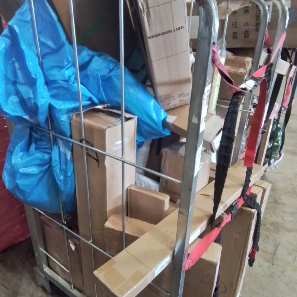 LOT OF 3 CAGES OF ASSORTED HOUSEHOLD ITEMS TO INCLUDE GLASS PANEL HEATER, TOILET SEATS, PULL UP BAR AND WOK