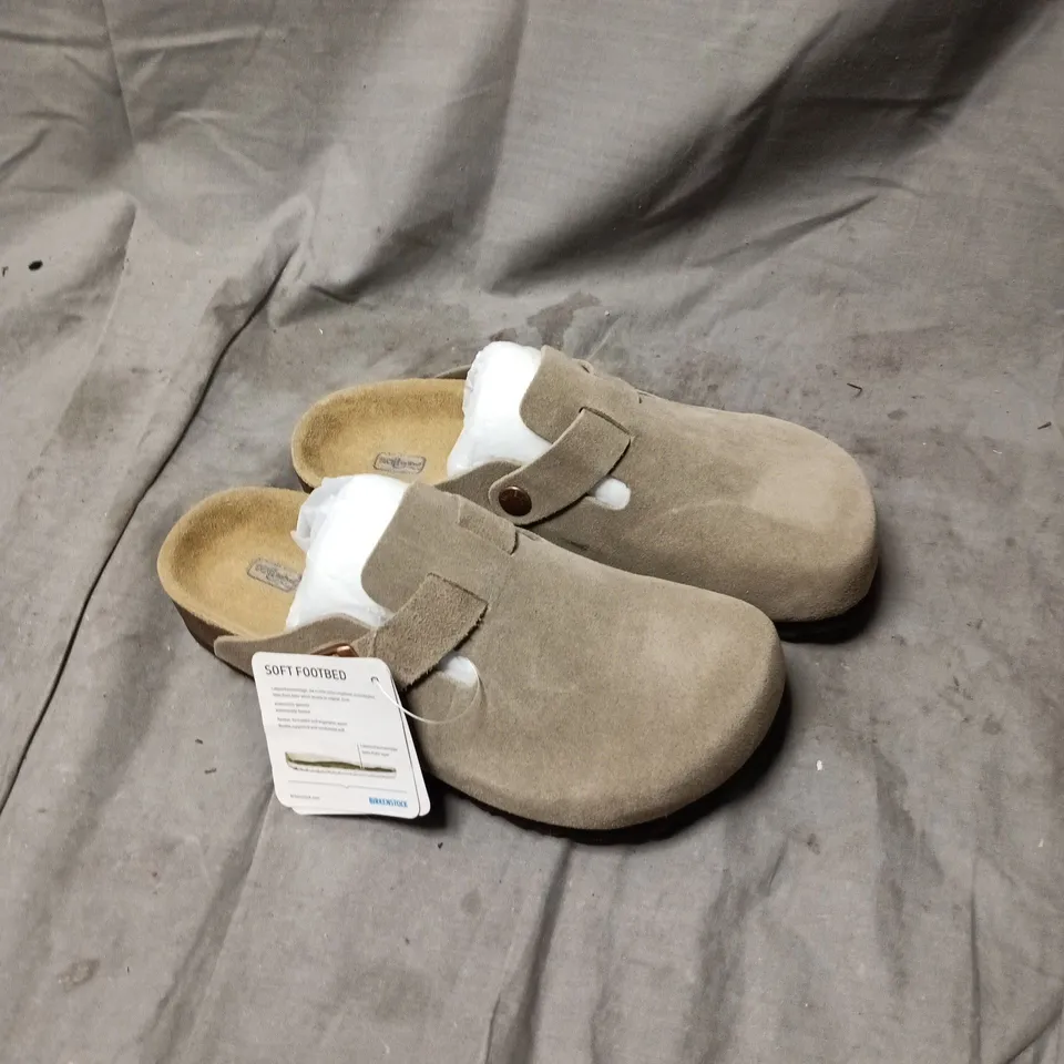 BIRKENSTOCK SOFT FOOTBED SUEDE SANDALS - TAUPE SIZE 36