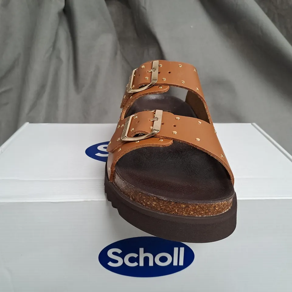 BOXED SCHOLL RAISED BROWN OPEN TOE SANDALS - SIZE UK 6