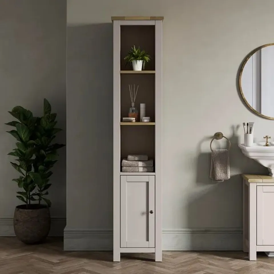 BOXED OLNEY TALLBOY STORAGE UNIT, STONE (1 BOX)