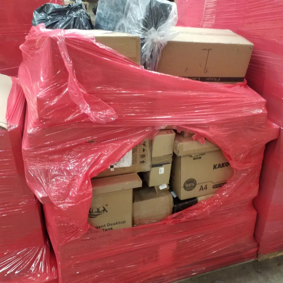 PALLET CONTAINING ASSORTED PRODUCTS INCLUDING FLOOR LAMP, STRIKE SHIELD, REPTILE CAGE & INTELLIGENT DESKTOP FISH TANK
