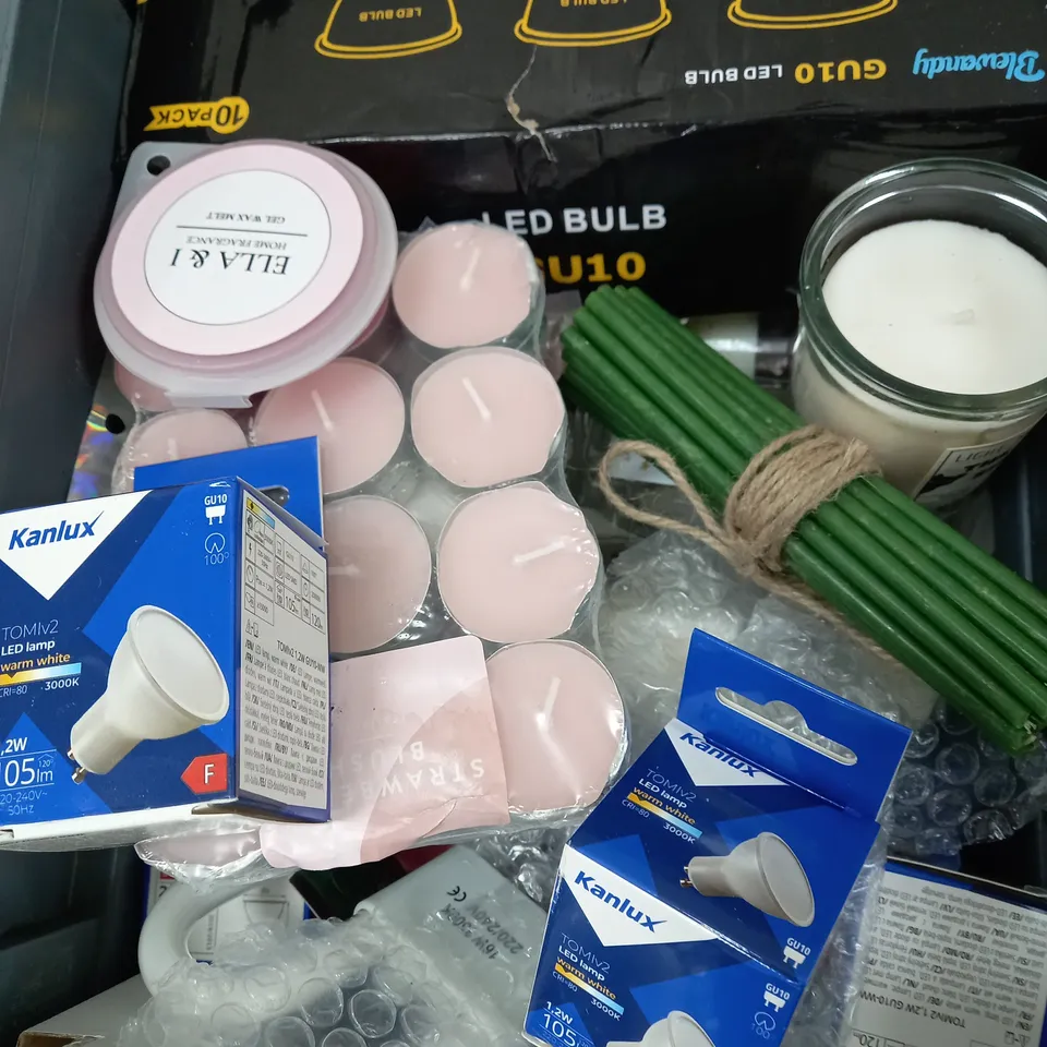 BOX OF APPROXIMATELY 10 ASSORTED ITEMS TO INCLUDE - CANDLES, LED BULBS, WAX MELT ETC