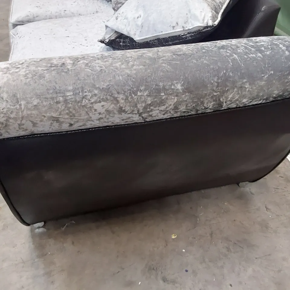 DESIGNER THREE SEATER SOFA BLACK FAUX LEATHER  & CRUSHED SILVER VELVET WITH SCATTER CUSHIONS 