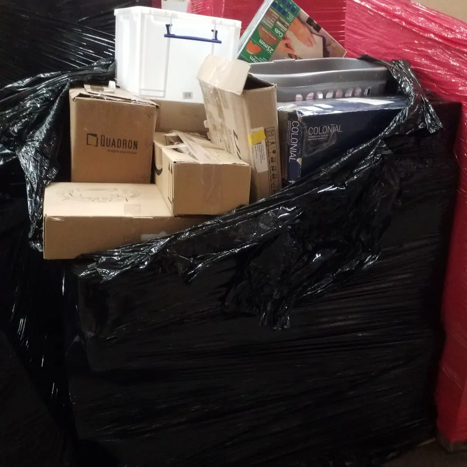 PALLET CONTAINING ASSORTED PRODUCTS INCLUDING THERMOSTATIC EXPOSERD MINI VALVE SHOWER KIT, ROBOTIC VACUUM CLEANER, COMPACT TILE CUTTER & STORAGE TUBS