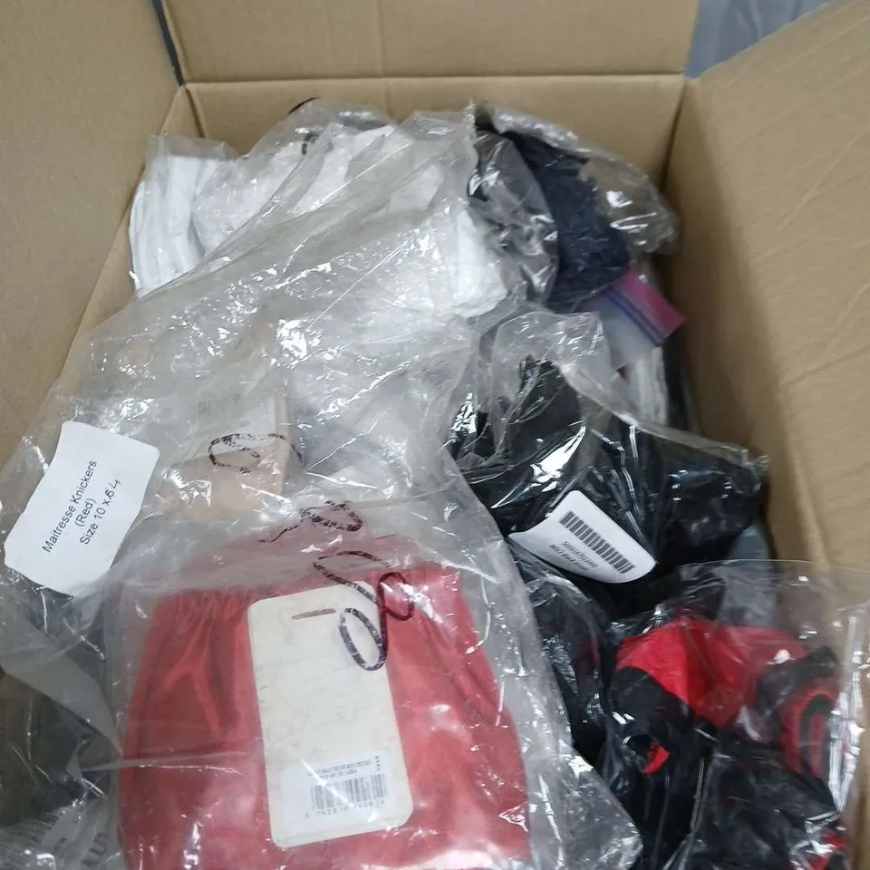 BOX OF APPROXIMATELY 25 ITEMS OF WOMEN'S CLOTHING INCLUDING BRANDS SUCH AS AFFFINITAS NIPPLEX PARFEIT ZIPLOC AND GREEN BAY .