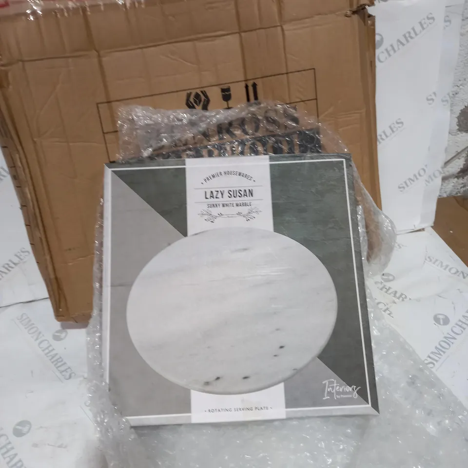 BOXED LAZY SUSAN SUNNY WHITE MARBLE ROTATING SERVING PLATE 