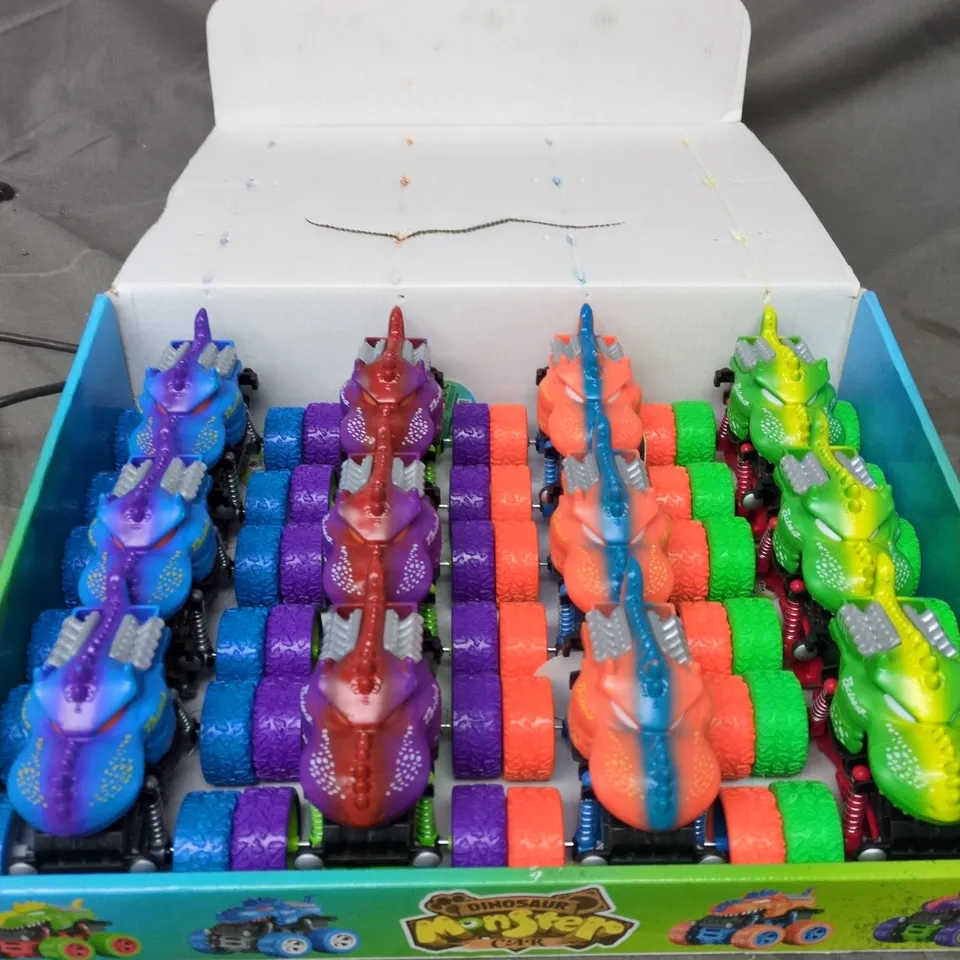 BOX OF APPROXIMATELY 12 DINOSAUR MONSTER CARS – 4X4 OFF-ROAD TOY VEHICLE 